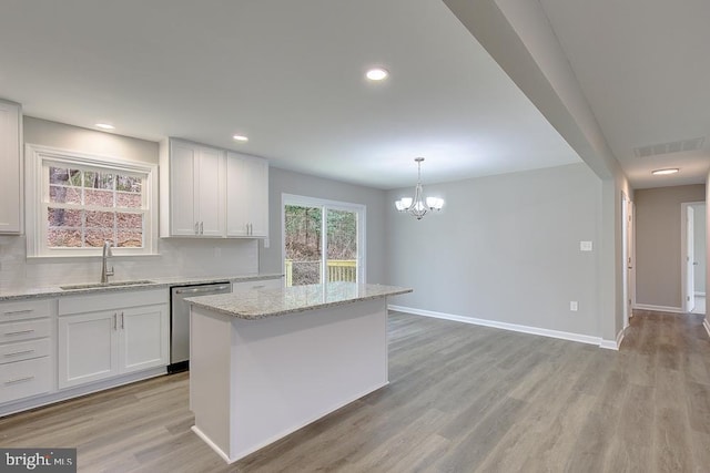 kitchen with a sink, decorative backsplash, dishwasher, and visible vents