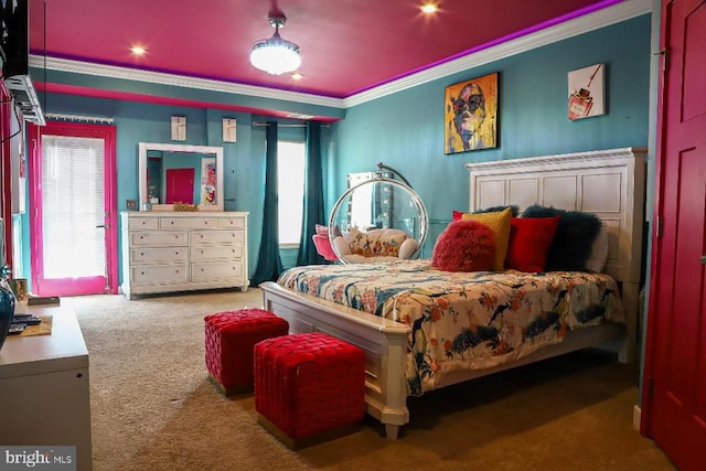 carpeted bedroom featuring crown molding