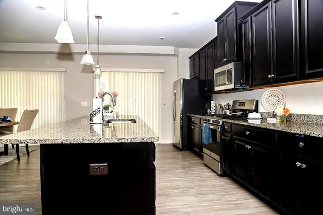 kitchen featuring an island with sink, a sink, stainless steel appliances, light wood-style floors, and dark cabinets