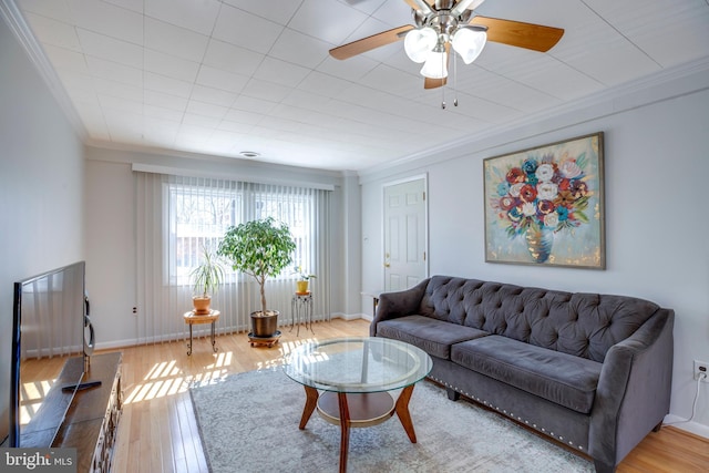 living room featuring baseboards, wood-type flooring, and crown molding