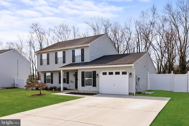 view of front of home with a front lawn, a gate, fence, concrete driveway, and an attached garage