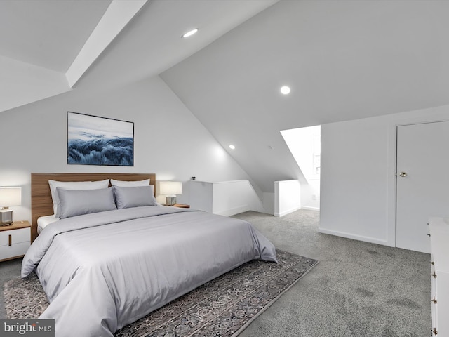 bedroom with vaulted ceiling, carpet flooring, recessed lighting, and baseboards