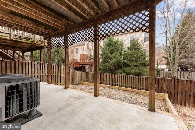 view of patio / terrace featuring fence and central air condition unit