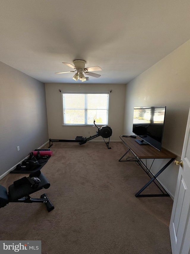 exercise room featuring carpet floors, baseboards, and a ceiling fan