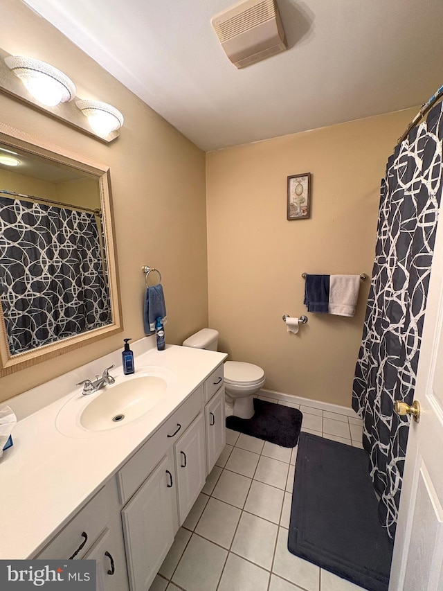 bathroom with toilet, visible vents, vanity, and tile patterned floors