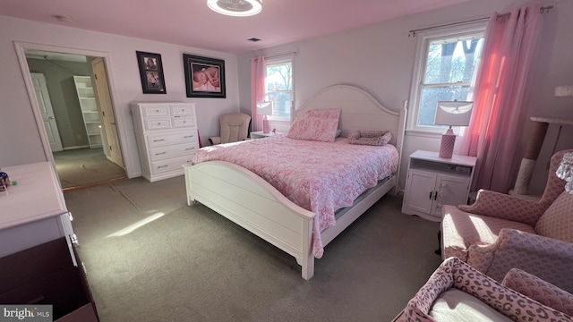 bedroom featuring carpet, multiple windows, and visible vents