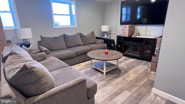 living room featuring a glass covered fireplace, wood finished floors, and baseboards