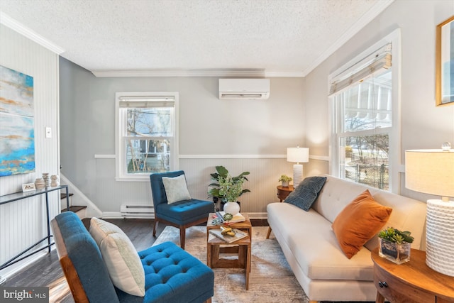 living area with an AC wall unit, baseboard heating, plenty of natural light, and wood finished floors