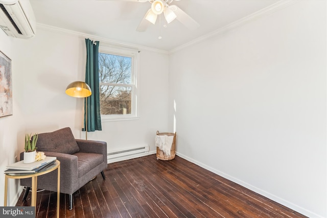 sitting room featuring crown molding, a baseboard heating unit, a wall mounted air conditioner, baseboards, and hardwood / wood-style flooring