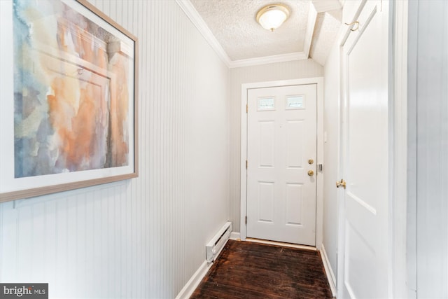 entryway with a textured ceiling, lofted ceiling, dark wood-type flooring, baseboard heating, and crown molding