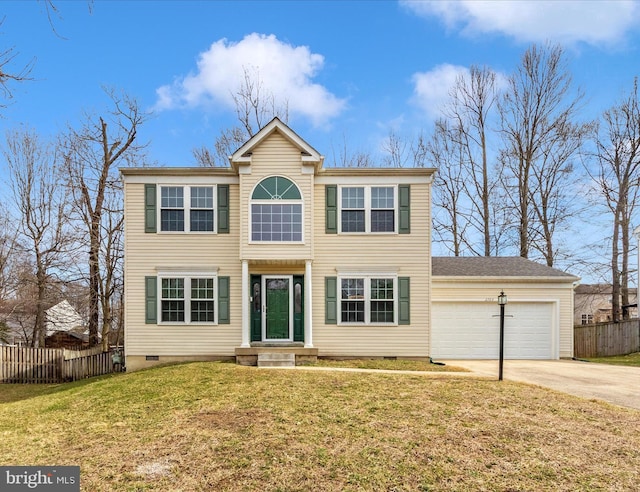 colonial home featuring a front yard, crawl space, fence, a garage, and driveway