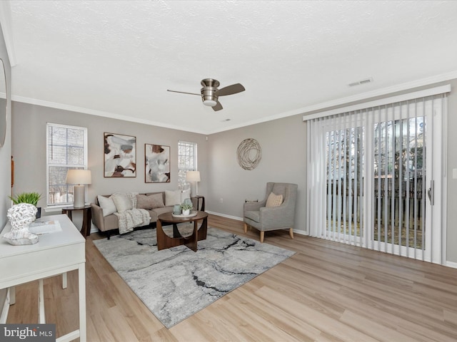 living area with baseboards, a textured ceiling, ornamental molding, and wood finished floors