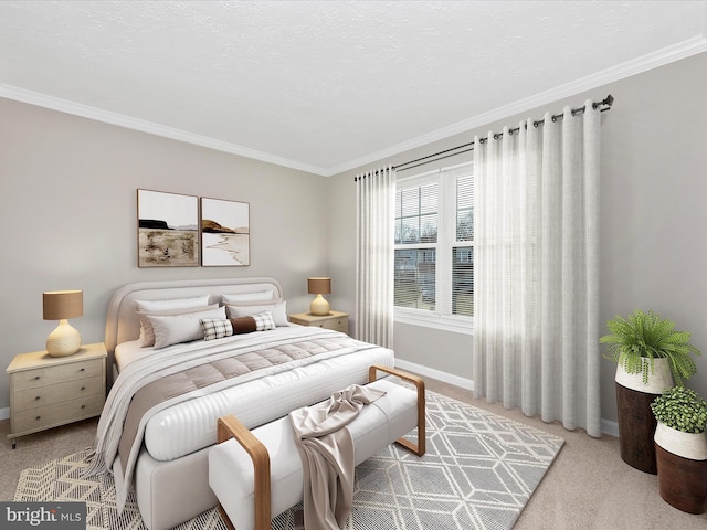 carpeted bedroom featuring ornamental molding, a textured ceiling, and baseboards