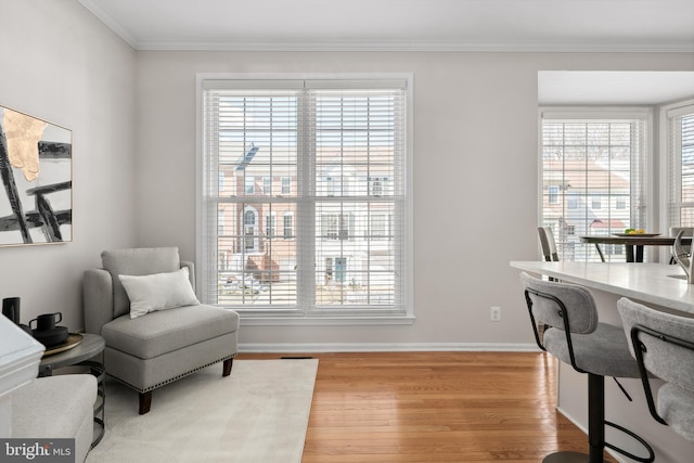 home office with wood finished floors, baseboards, and ornamental molding