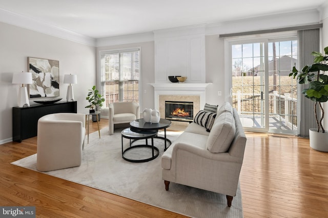 living area featuring light wood finished floors, ornamental molding, baseboards, and a premium fireplace