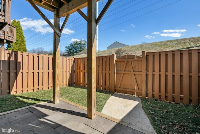 view of patio with a fenced backyard and a gate