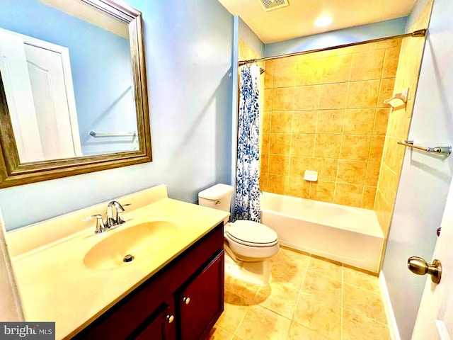 bathroom with vanity, visible vents, shower / tub combo, tile patterned floors, and toilet