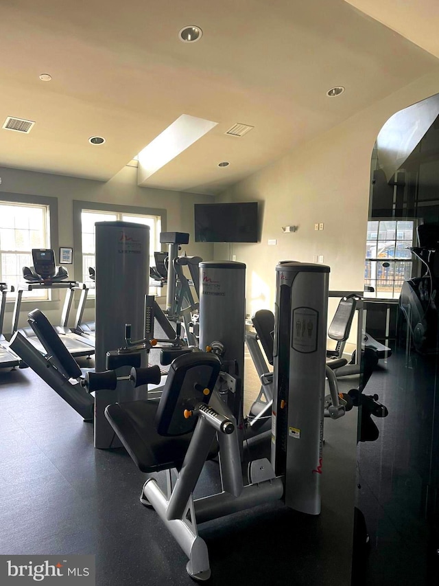 gym with recessed lighting and visible vents