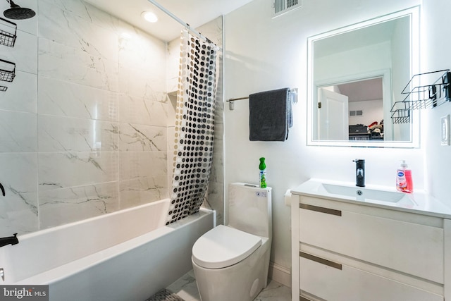 bathroom featuring visible vents, toilet, shower / tub combo, marble finish floor, and vanity