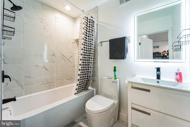 full bathroom featuring visible vents, toilet, marble finish floor, shower / bath combination, and vanity