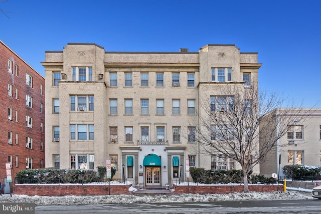 view of snow covered building