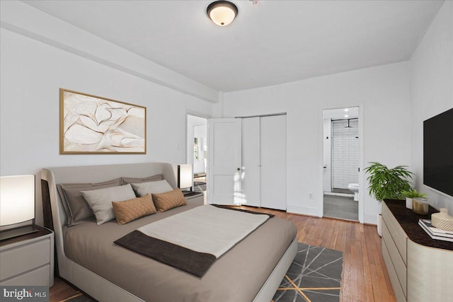 bedroom featuring a closet, wood-type flooring, and connected bathroom