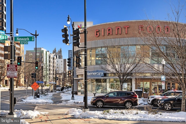 view of snow covered building