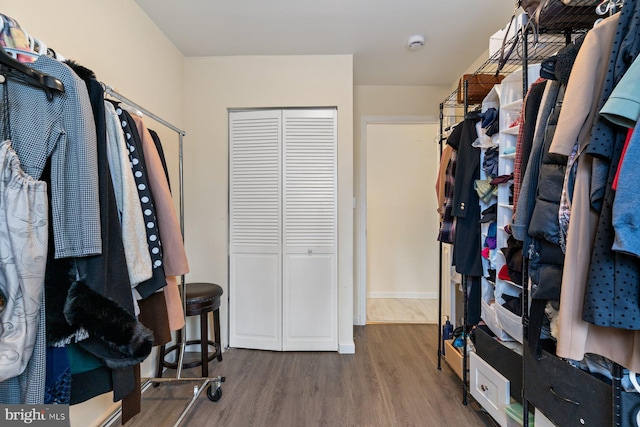 walk in closet with wood finished floors