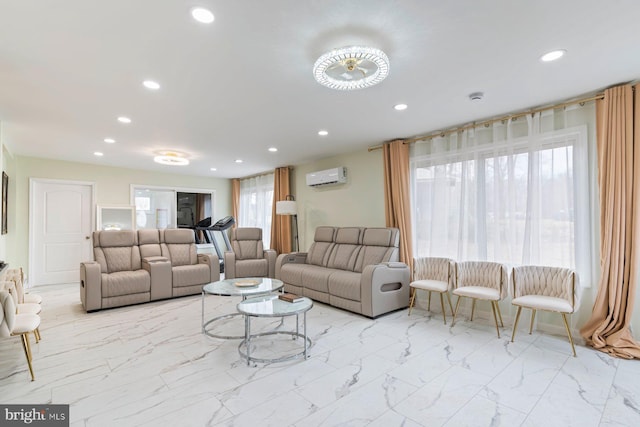 living area featuring a wall unit AC, marble finish floor, and recessed lighting