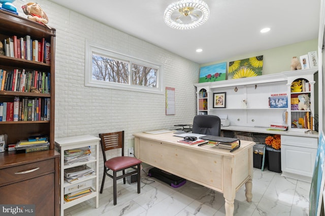 office space with marble finish floor and recessed lighting