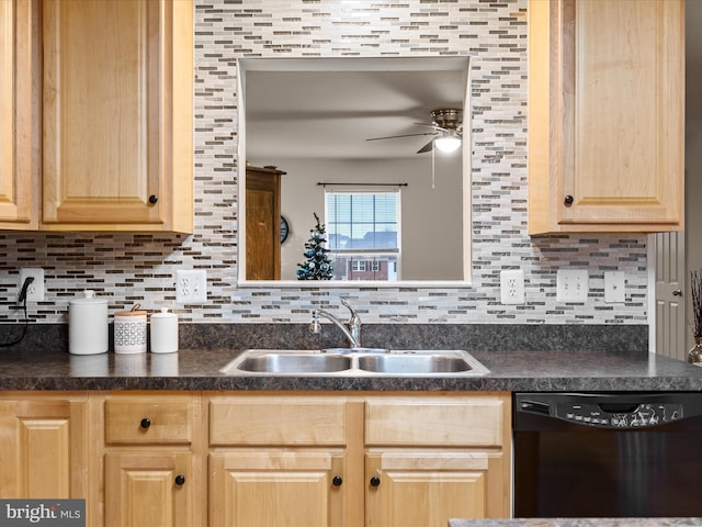 125 Monticello Sq, Winchester, VA 22602 - kitchen with light brown cabinetry, a sink, dishwasher, dark countertops, and tasteful backsplash