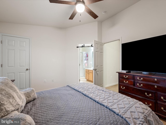 125 Monticello Sq, Winchester, VA 22602 - bedroom with ceiling fan, baseboards, light colored carpet, and ensuite bath
