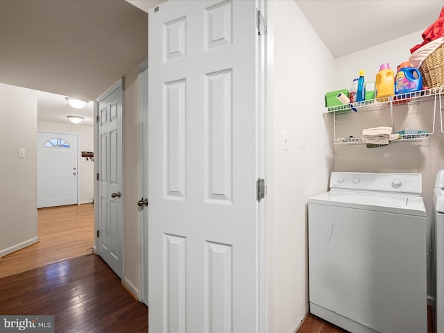 125 Monticello Sq, Winchester, VA 22602 - clothes washing area featuring baseboards, washing machine and dryer, laundry area, and hardwood / wood-style flooring