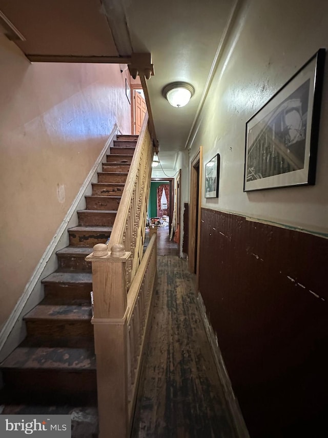 hall featuring dark wood finished floors, stairs, and ornamental molding