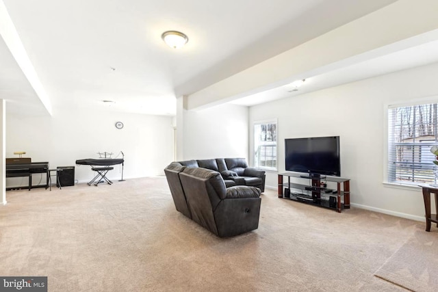 living area with baseboards and carpet flooring