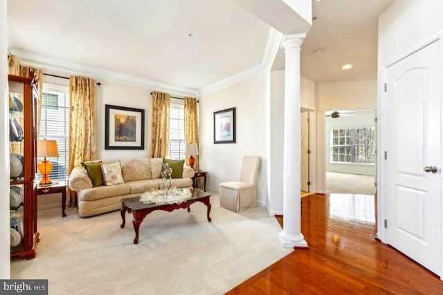 living area featuring plenty of natural light, ornamental molding, and ornate columns