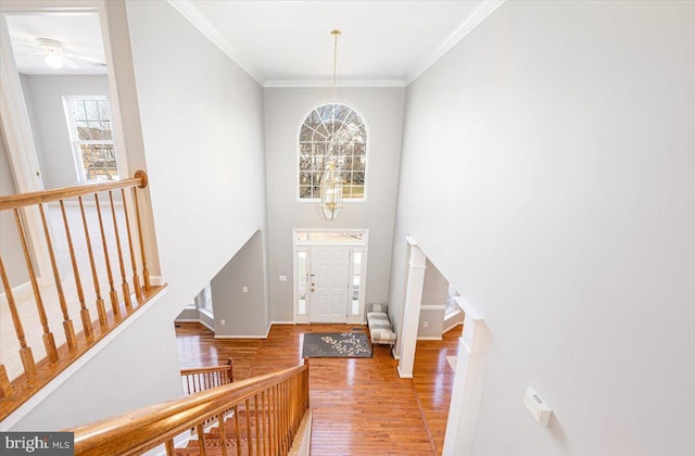 entryway featuring baseboards, stairs, ornamental molding, a towering ceiling, and wood finished floors