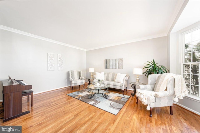 living area featuring wood finished floors, baseboards, and ornamental molding