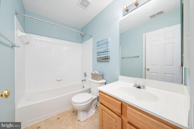 bathroom featuring vanity, bathing tub / shower combination, toilet, and visible vents