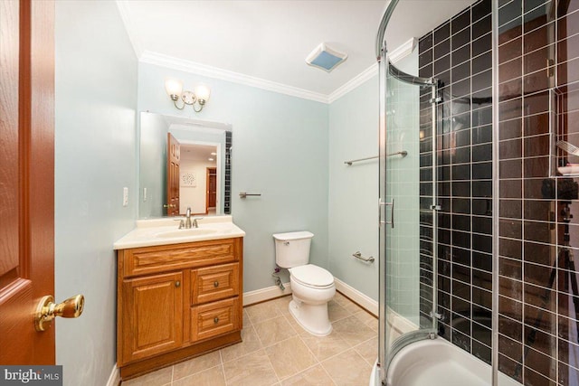 full bathroom featuring a stall shower, toilet, crown molding, and vanity