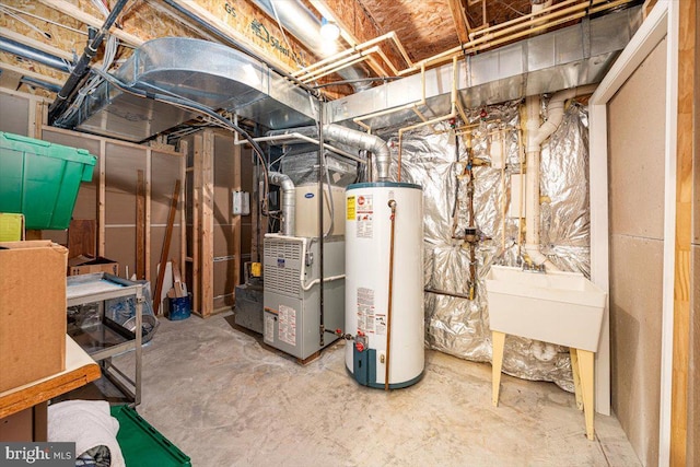 unfinished below grade area with heating unit and water heater