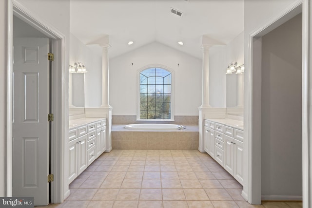 full bath with tile patterned floors, visible vents, vanity, and ornate columns