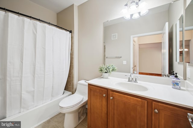 full bath featuring tile patterned flooring, toilet, visible vents, vanity, and shower / bath combination with curtain