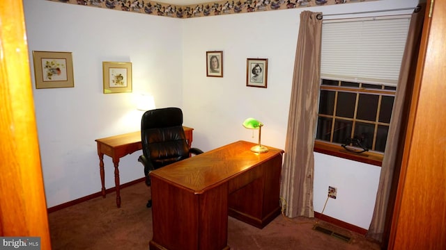 carpeted home office featuring visible vents and baseboards