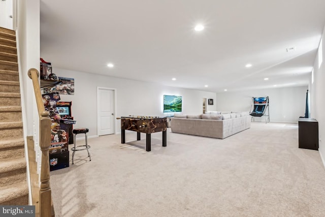 game room featuring light carpet, baseboards, and recessed lighting