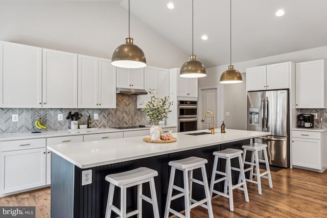 kitchen featuring an island with sink, appliances with stainless steel finishes, light wood-type flooring, under cabinet range hood, and a sink