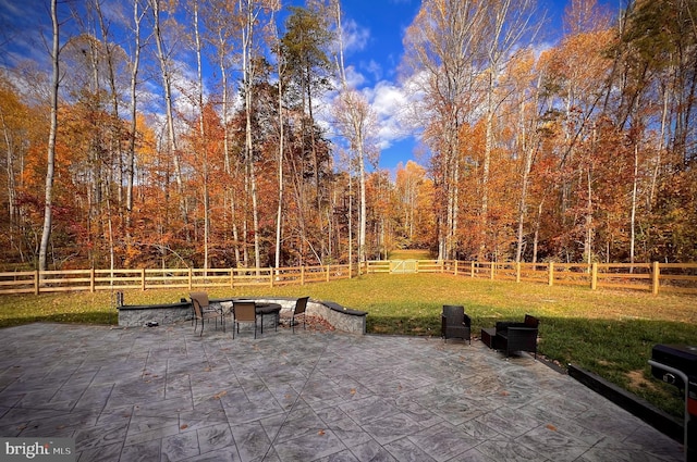 view of patio with a fenced backyard and a view of trees