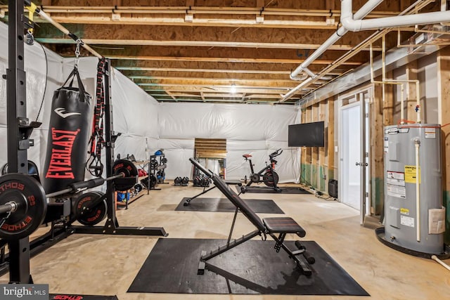 workout room featuring water heater