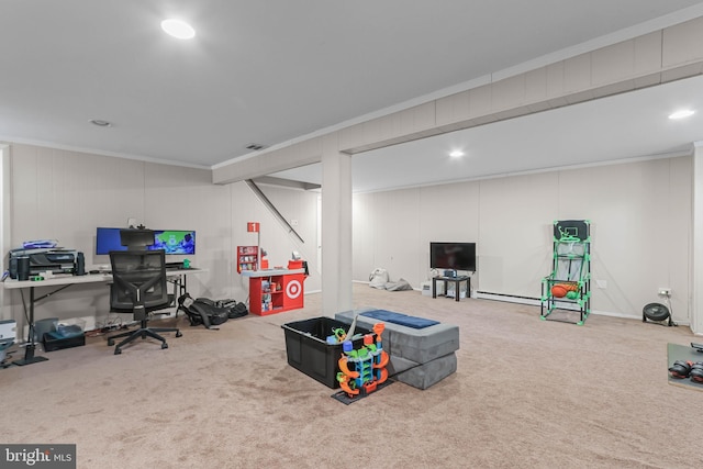 game room featuring recessed lighting, visible vents, carpet, and ornamental molding