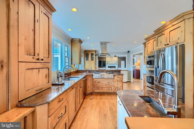 kitchen featuring ornamental molding, a sink, stainless steel appliances, a peninsula, and island range hood